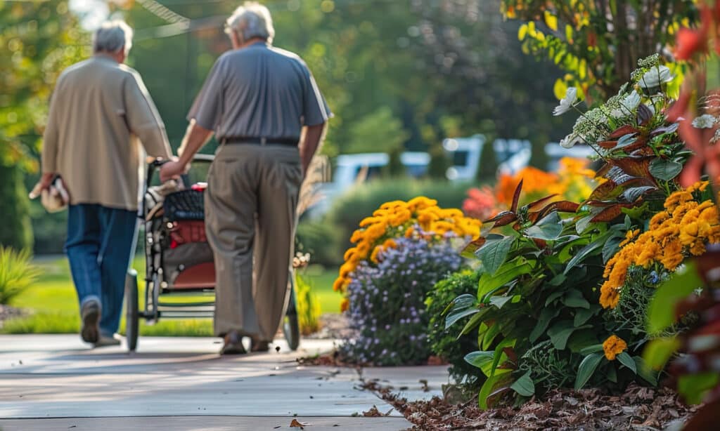 Two seniors walking outside Memory Care Facility in Central Florida Market